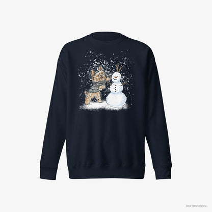 Yorkshire Terrier Sweatshirt – Men Navy Sweatshirt Eco-Friendly – Creating a Snowman (on White Background)