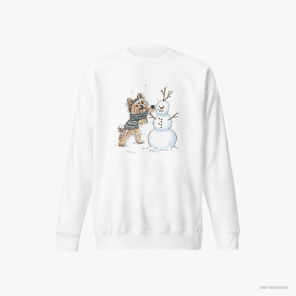 Yorkshire Terrier Sweatshirt – Men White Sweatshirt Eco-Friendly – Creating a Snowman (on White Background)