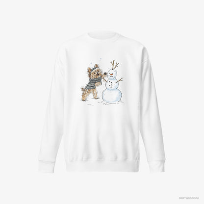 Yorkshire Terrier Creating a Snowman White Sweatshirt