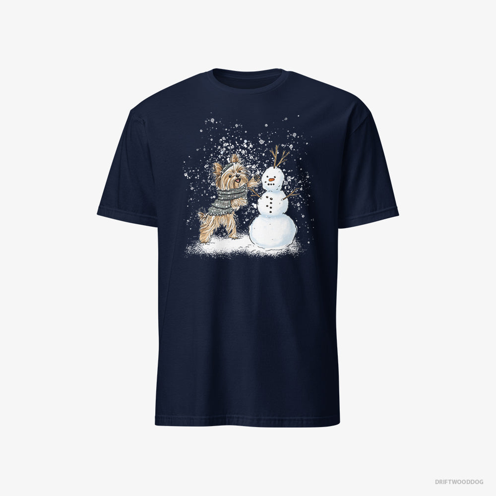 Yorkshire Terrier T-Shirt – Men Navy T-Shirt Classic – Creating a Snowman (on White Background)