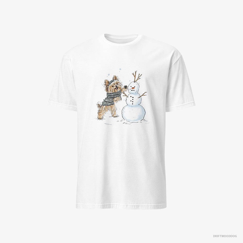 Yorkshire Terrier T-Shirt – Men White T-Shirt Classic – Creating a Snowman (on White Background)