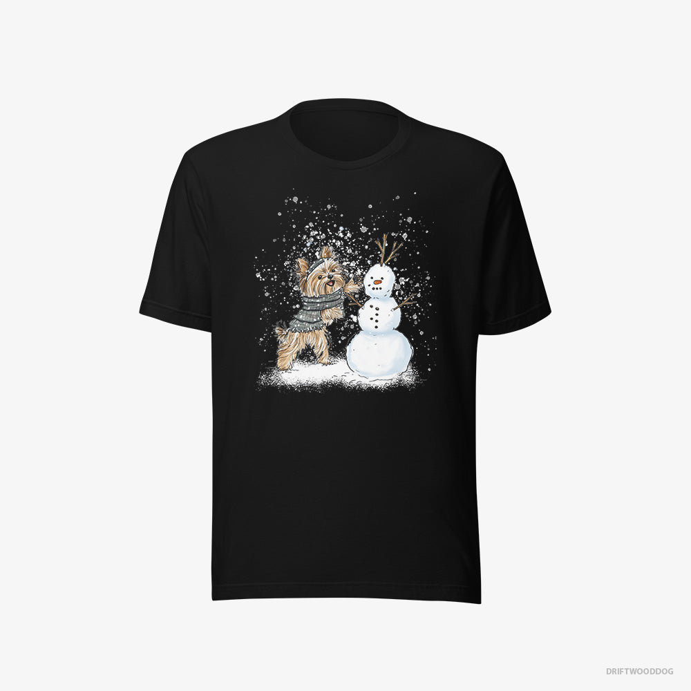 Yorkshire Terrier T-Shirt – Men Black T-Shirt Eco-Friendly – Creating a Snowman (on White Background)