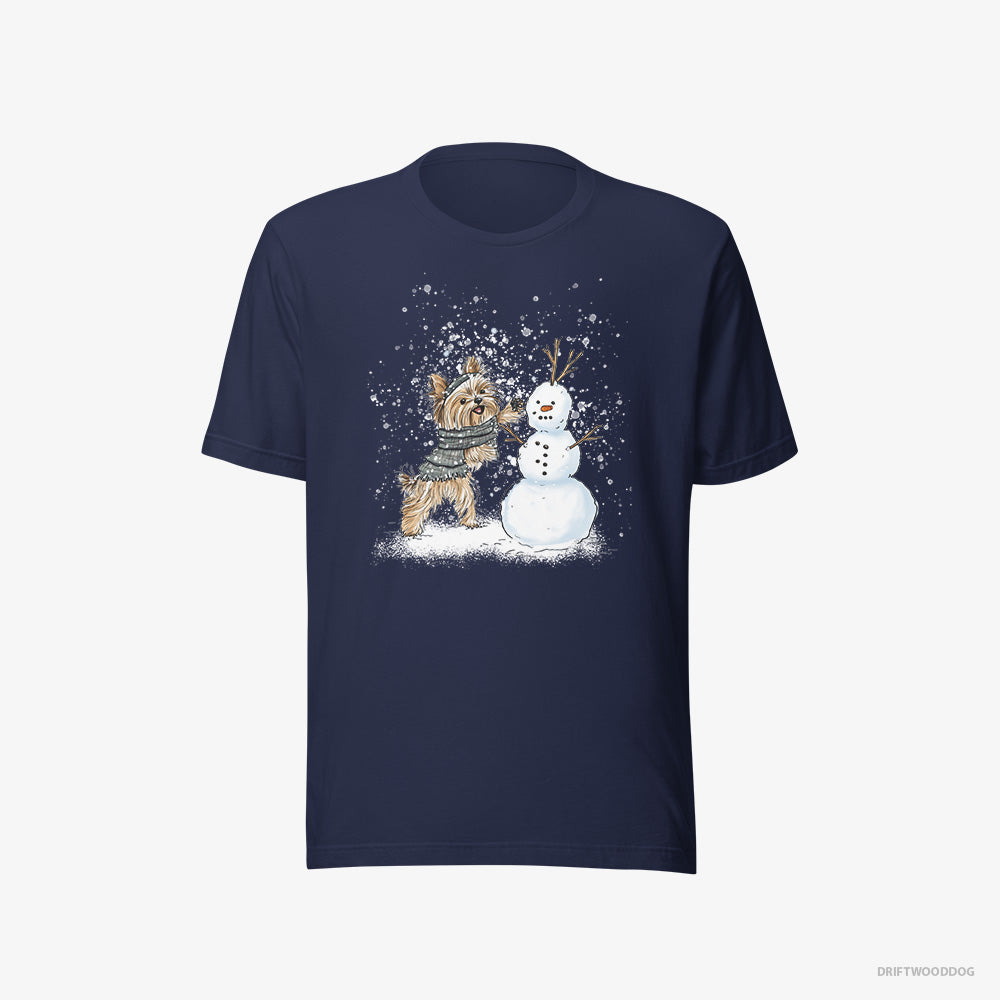 Yorkshire Terrier T-Shirt – Men Navy T-Shirt Eco-Friendly – Creating a Snowman (on White Background)