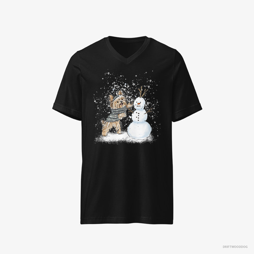 Yorkshire Terrier T-Shirt – Men Black T-Shirt V-Neck – Creating a Snowman (on White Background)