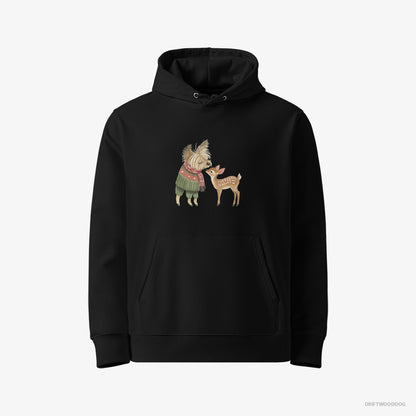 Yorkshire Terrier Hoodie – Men Black Hoodie Eco-Friendly – with a Little Reindeer (on White Background)