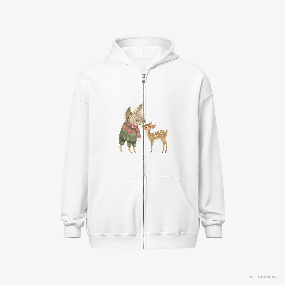 Yorkshire Terrier Hoodie – Men White Hoodie Full-Zip – with a Little Reindeer (on White Background)