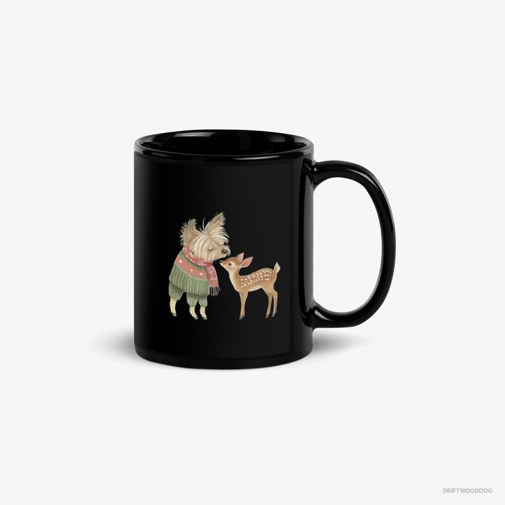 Yorkshire Terrier Mug – Unisex Black Mug Classic – with a Little Reindeer (on White Background)