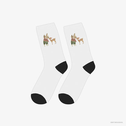 Yorkshire Terrier Socks – Unisex White Socks Classic – with a Little Reindeer (on White Background)