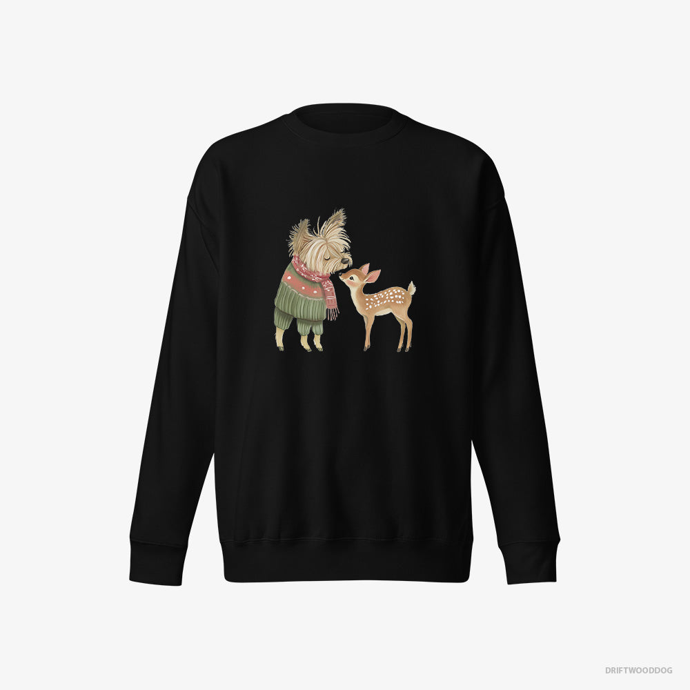 Yorkshire Terrier Sweatshirt – Women Black Sweatshirt Eco-Friendly – with a Little Reindeer (on White Background)