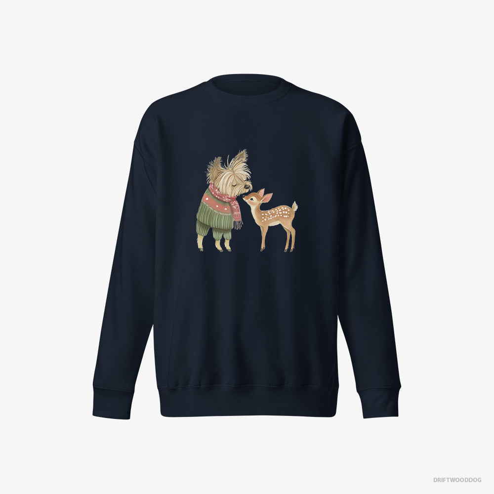 Yorkshire Terrier Sweatshirt – Men Navy Sweatshirt Eco-Friendly – with a Little Reindeer (on White Background)