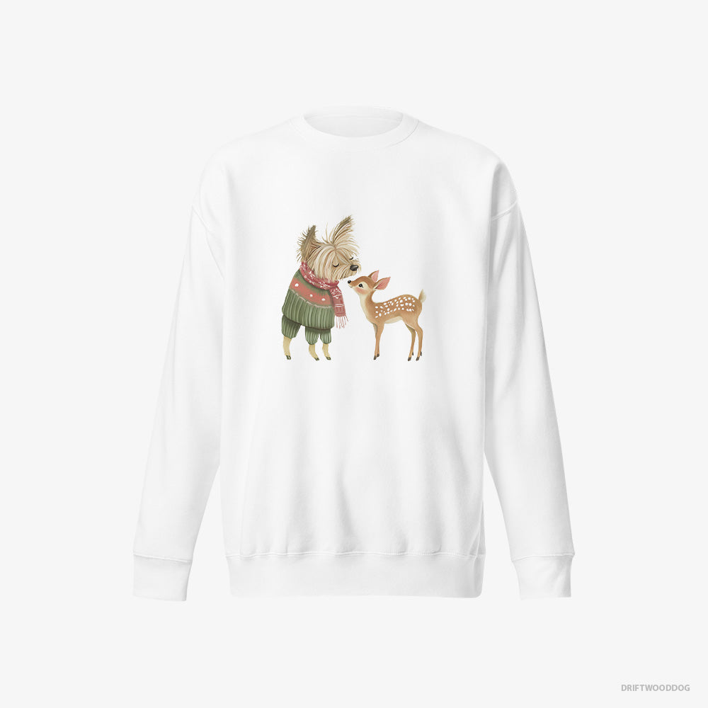 Yorkshire Terrier Sweatshirt – Men White Sweatshirt Eco-Friendly – with a Little Reindeer (on White Background)