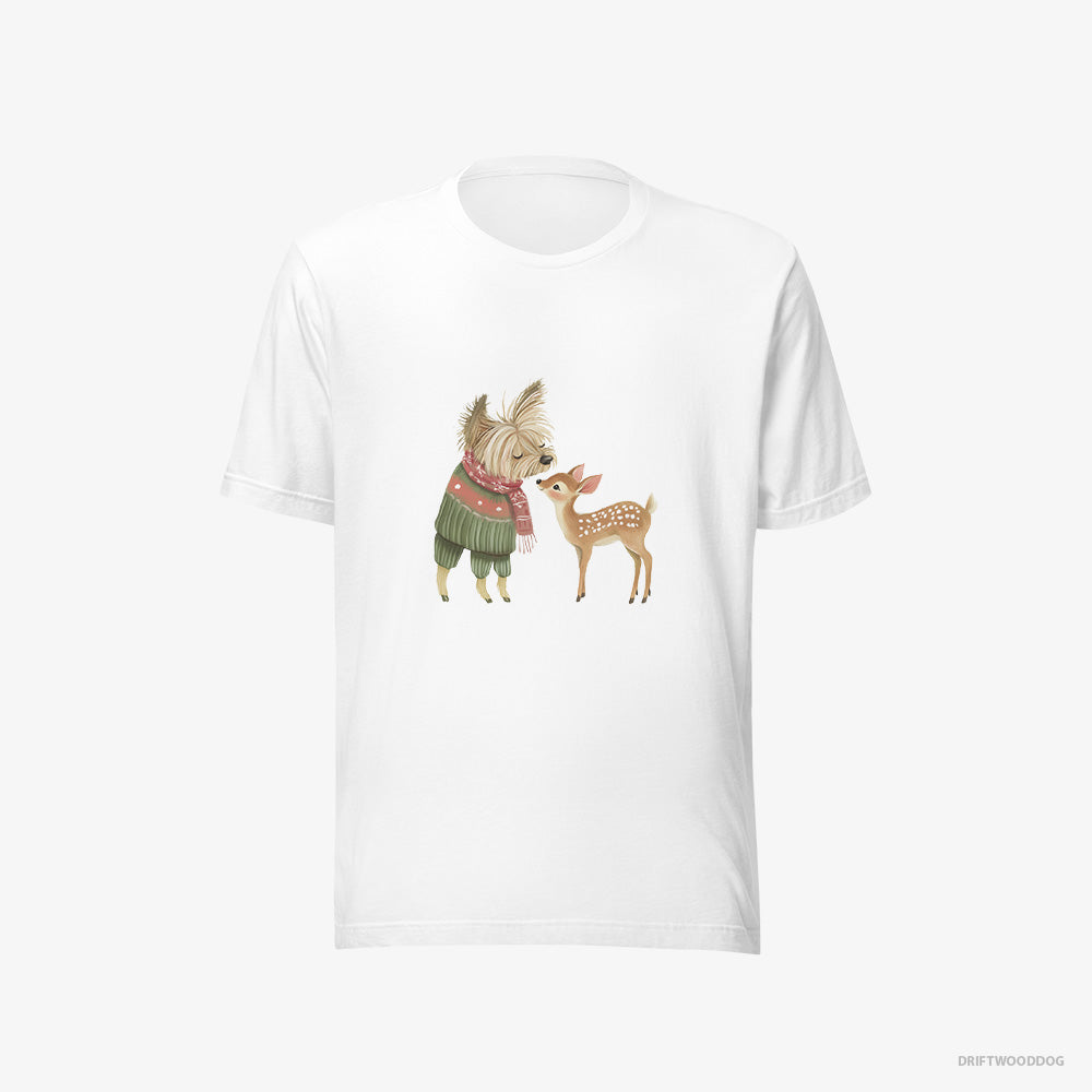 Yorkshire Terrier T-Shirt – Men White T-Shirt Eco-Friendly – with a Little Reindeer (on White Background)