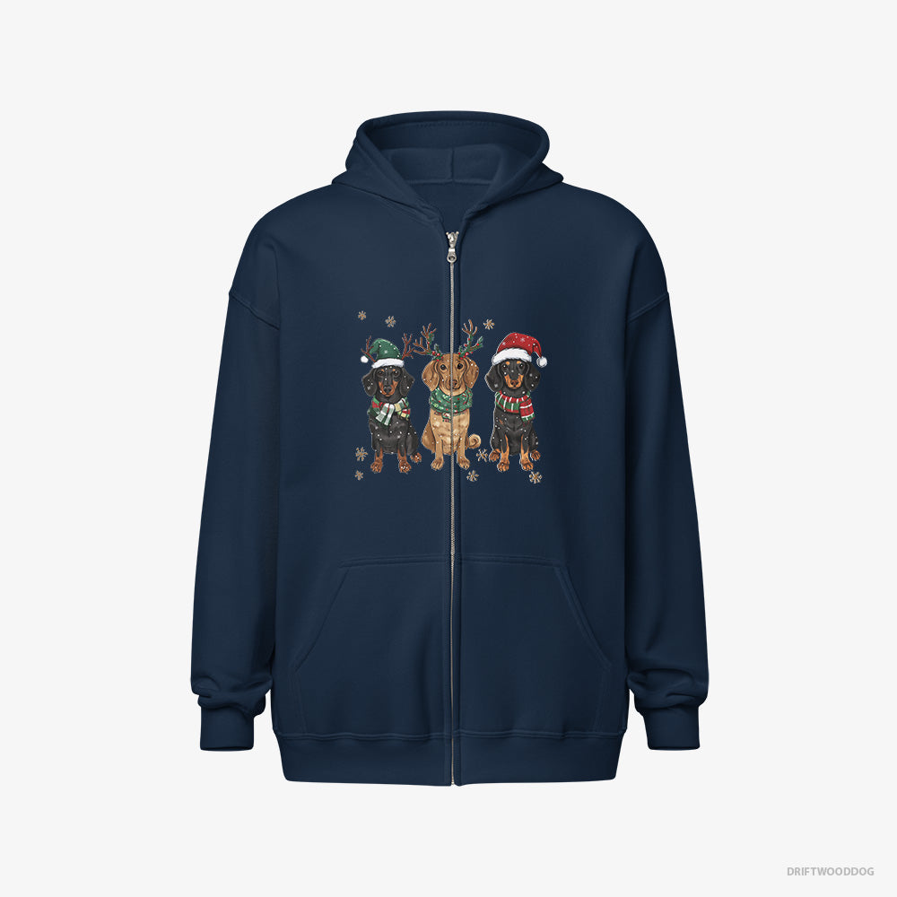 Dachshund Hoodie – Men Navy Hoodie Full-Zip – Dogs in the Holiday Spirit and Joy (on White Background)