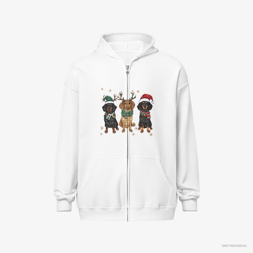 Dachshund Hoodie – Men White Hoodie Full-Zip – Dogs in the Holiday Spirit and Joy (on White Background)