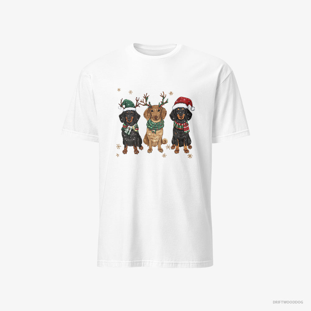 Dachshund T-Shirt – Men White T-Shirt Classic – Dogs in the Holiday Spirit and Joy (on White Background)