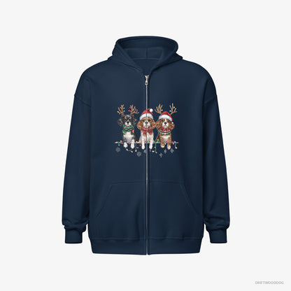 Cavalier King Charles Spaniel Hoodie – Men Navy Hoodie Full-Zip – Puppies Christmas (on White Background)