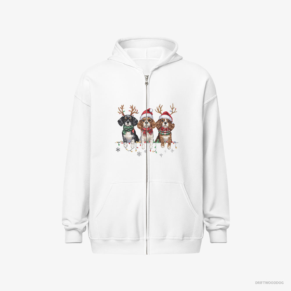 Cavalier King Charles Spaniel Hoodie – Men White Hoodie Full-Zip – Puppies Christmas (on White Background)