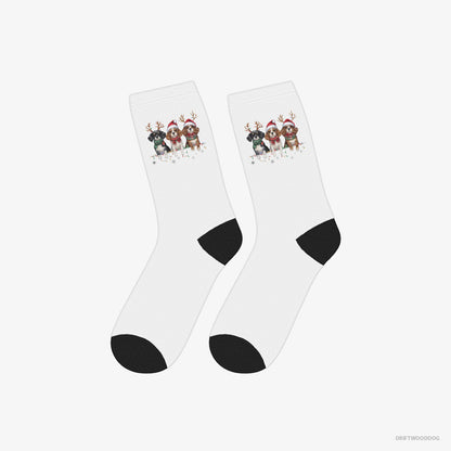 Cavalier King Charles Spaniel Socks – Unisex White Socks Classic – Puppies Christmas (on White Background)