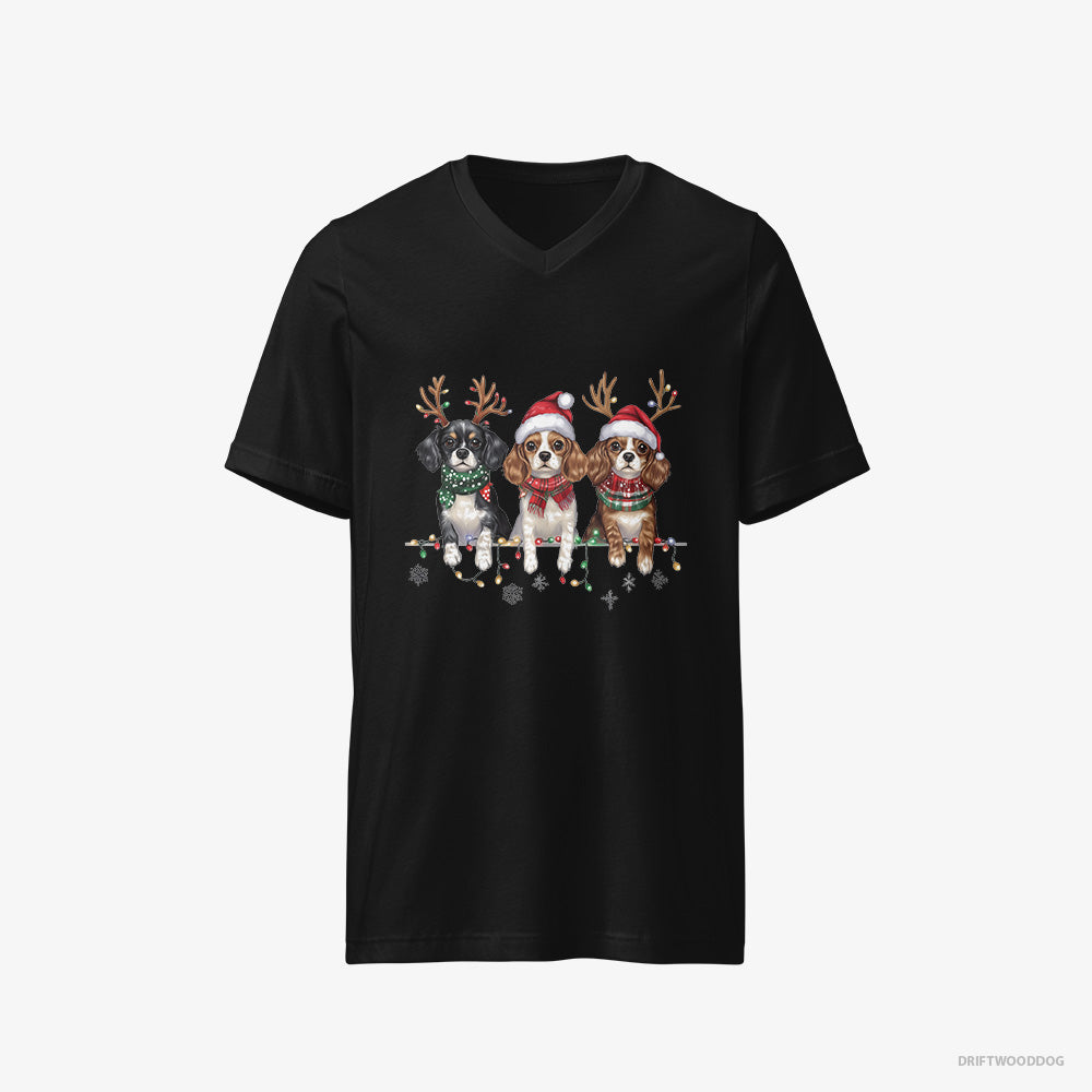 Cavalier King Charles Spaniel T-Shirt – Men Black T-Shirt V-Neck – Puppies Christmas (on White Background)