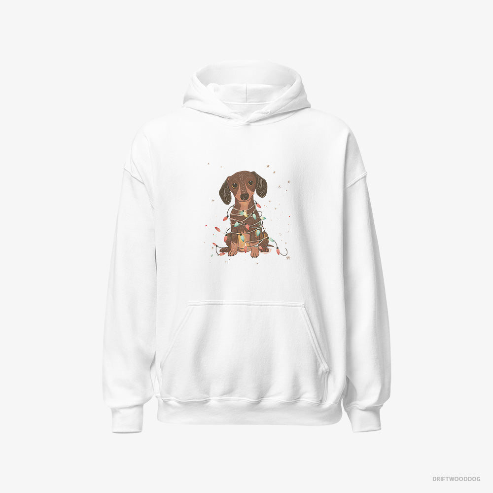 Dachshund Hoodie – Men White Hoodie Classic – Adorned with Christmas Lights (on White Background)