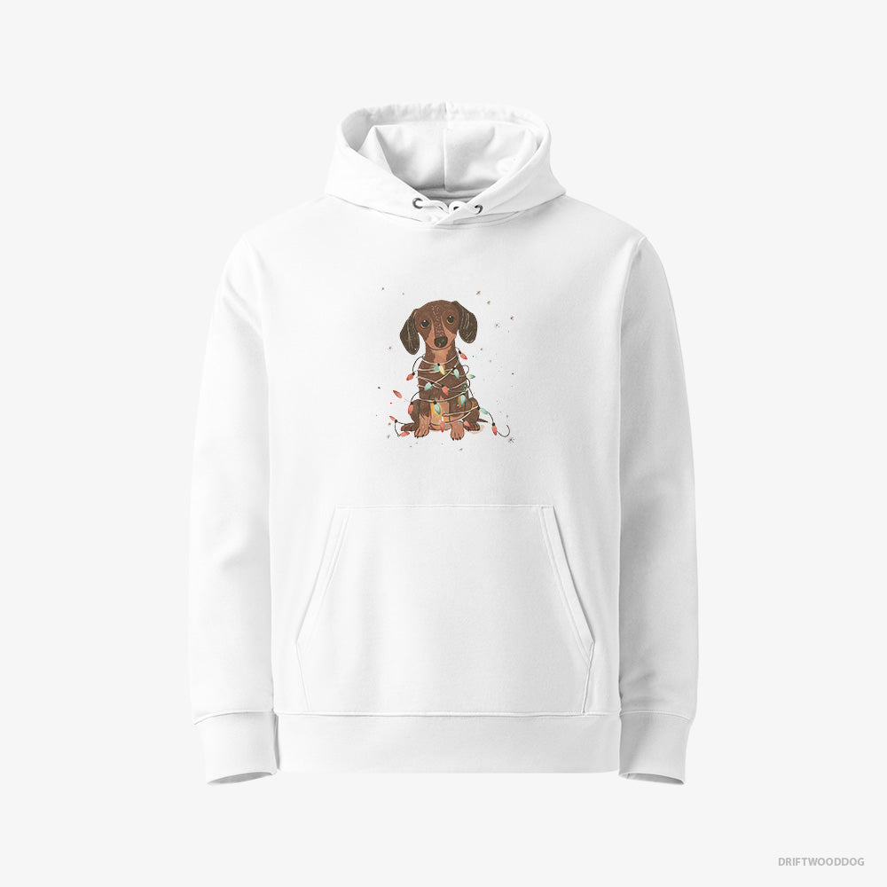 Dachshund Hoodie – Women White Hoodie Eco-Friendly – Adorned with Christmas Lights (on White Background)