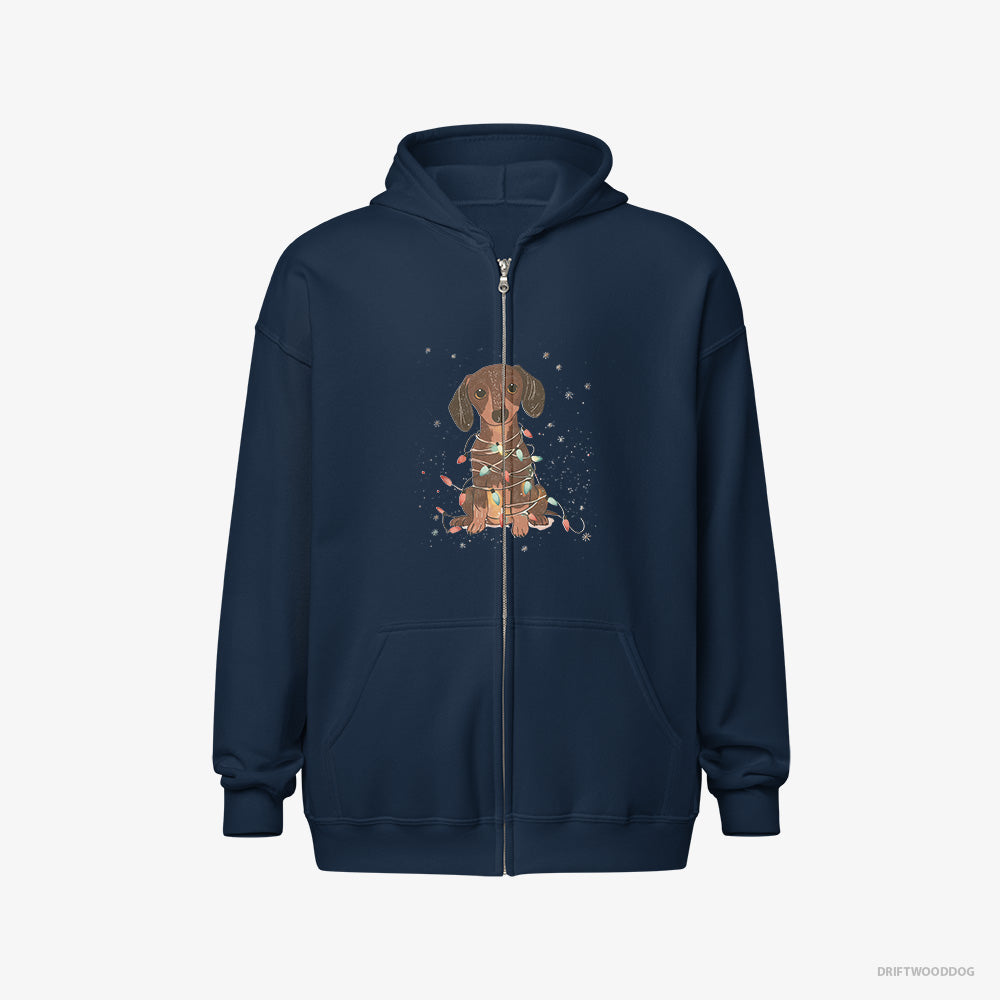 Dachshund Hoodie – Men Navy Hoodie Full-Zip – Adorned with Christmas Lights (on White Background)