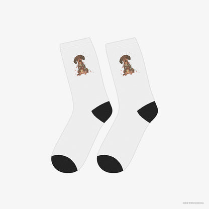 Dachshund Socks – Unisex White Socks Classic – Adorned with Christmas Lights (on White Background)