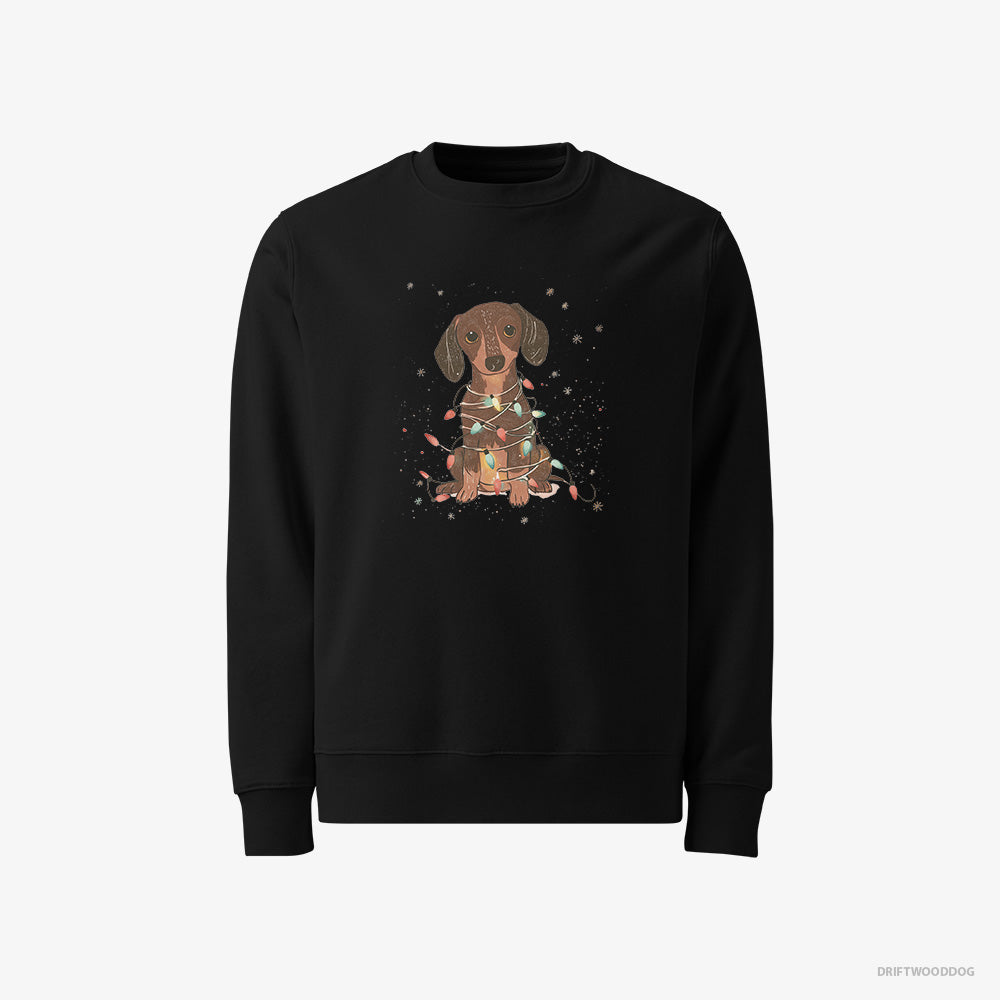 Dachshund Sweatshirt – Men Black Sweatshirt Classic – Adorned with Christmas Lights (on White Background)