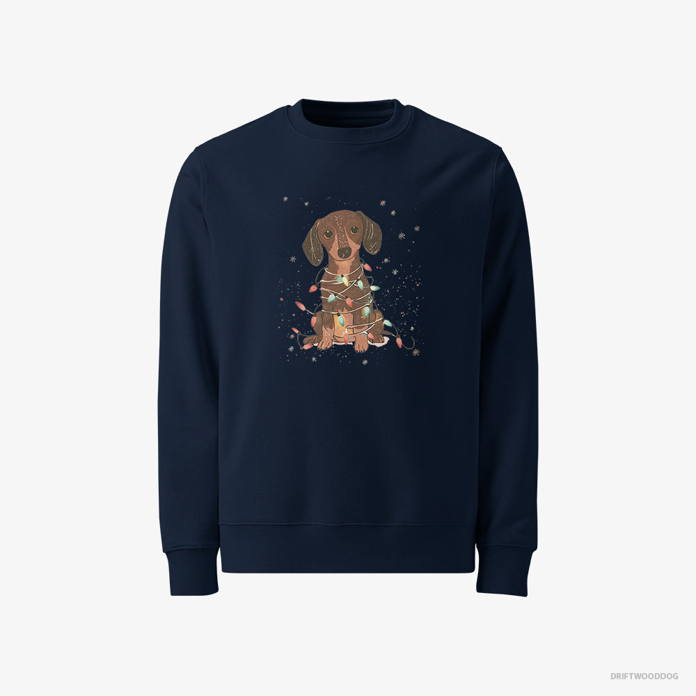 Dachshund Sweatshirt – Men Navy Sweatshirt Classic – Adorned with Christmas Lights (on White Background)