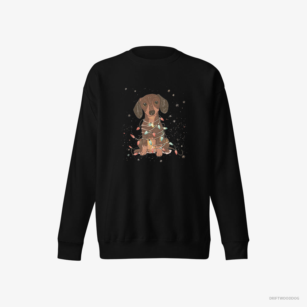 Dachshund Sweatshirt – Women Black Sweatshirt Eco-Friendly – Adorned with Christmas Lights (on White Background)