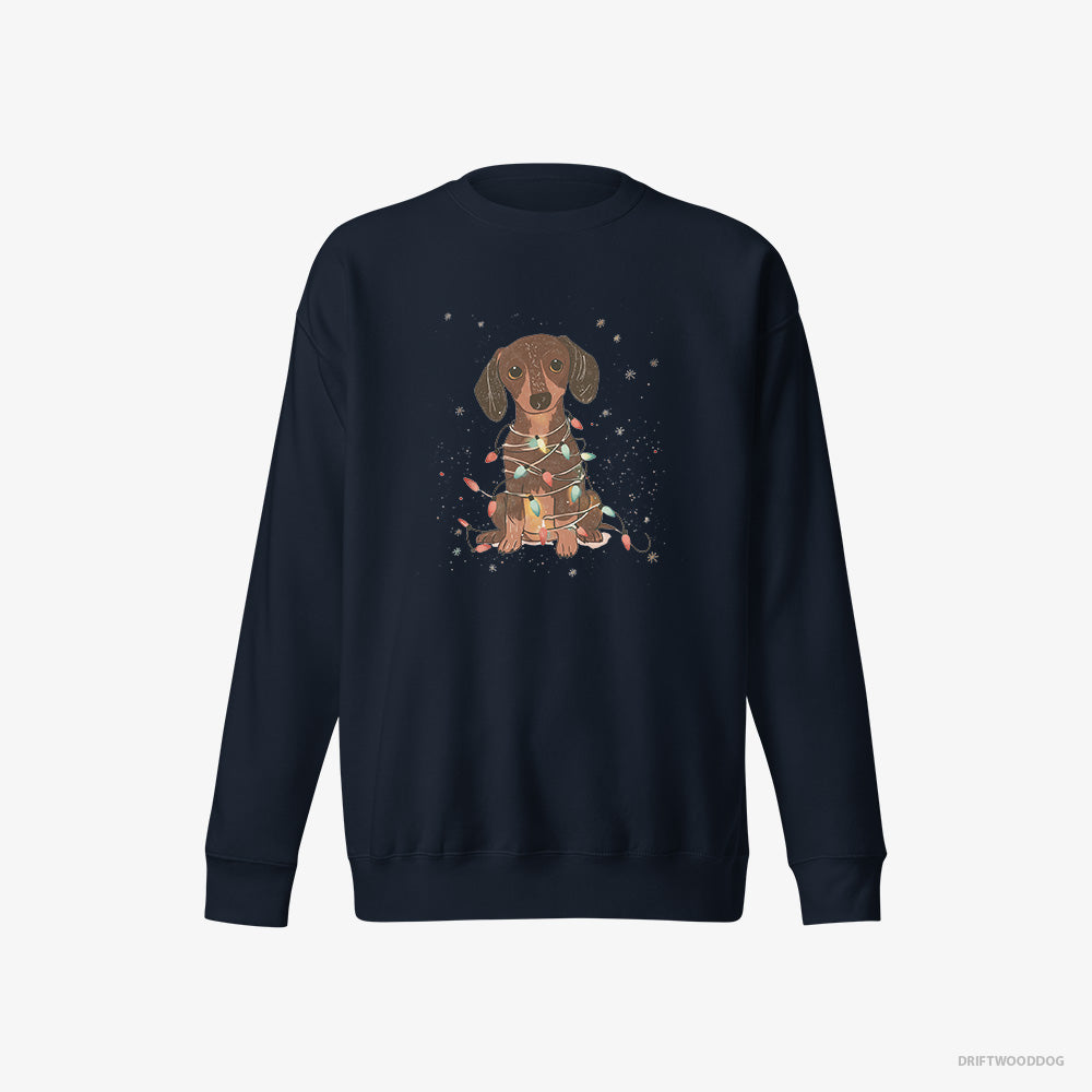 Dachshund Sweatshirt – Women Navy Sweatshirt Eco-Friendly – Adorned with Christmas Lights (on White Background)