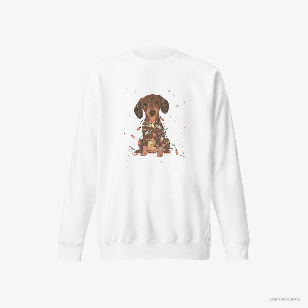 Dachshund Sweatshirt – Women White Sweatshirt Eco-Friendly – Adorned with Christmas Lights (on White Background)