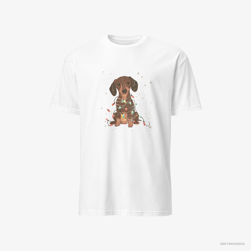 Dachshund T-Shirt – Women White T-Shirt Classic – Adorned with Christmas Lights (on White Background)