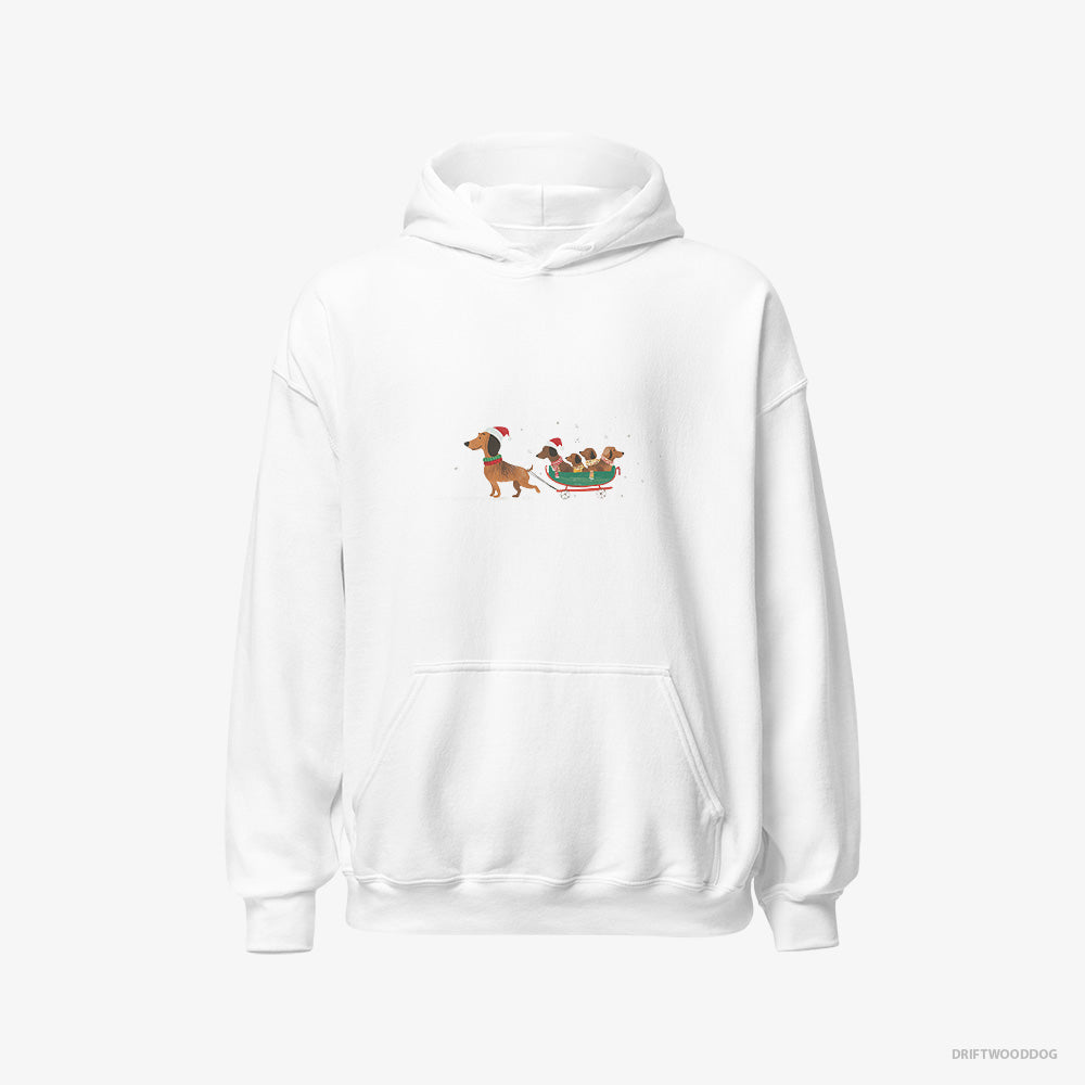 Dachshund Hoodie – Men White Hoodie Classic – on a Sled with Puppies (on White Background)