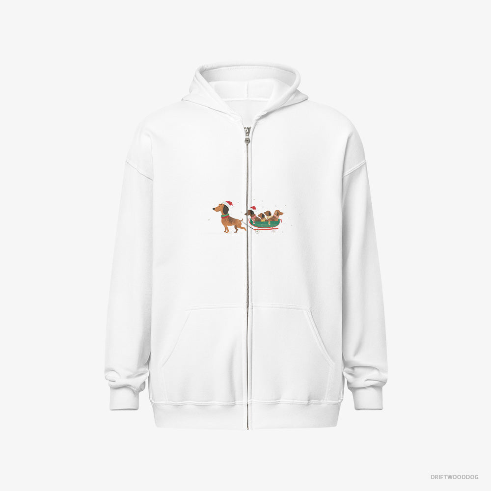 Dachshund Hoodie – Men White Hoodie Full-Zip – on a Sled with Puppies (on White Background)