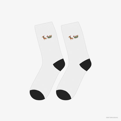 Dachshund Socks – Unisex White Socks Classic – on a Sled with Puppies (on White Background)