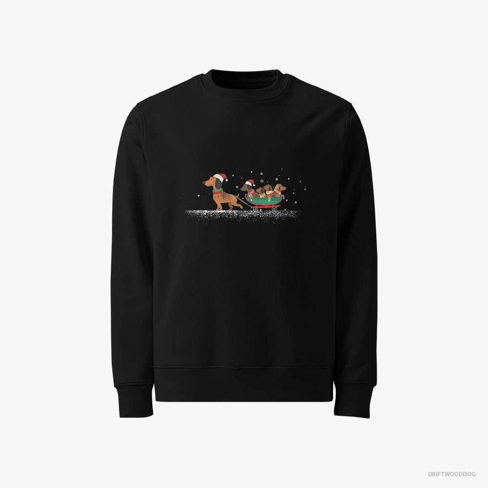 Dachshund Sweatshirt – Men Black Sweatshirt Classic – on a Sled with Puppies (on White Background)