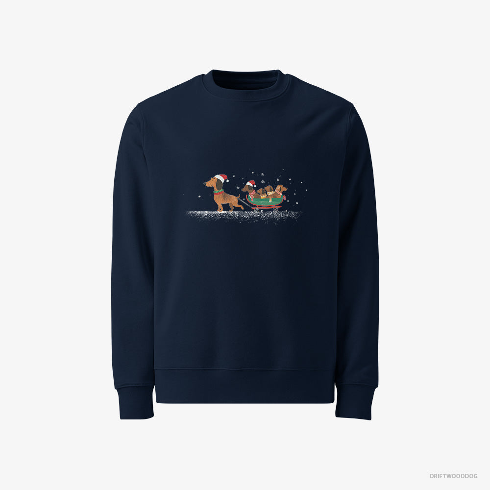 Dachshund Sweatshirt – Men Navy Sweatshirt Classic – on a Sled with Puppies (on White Background)