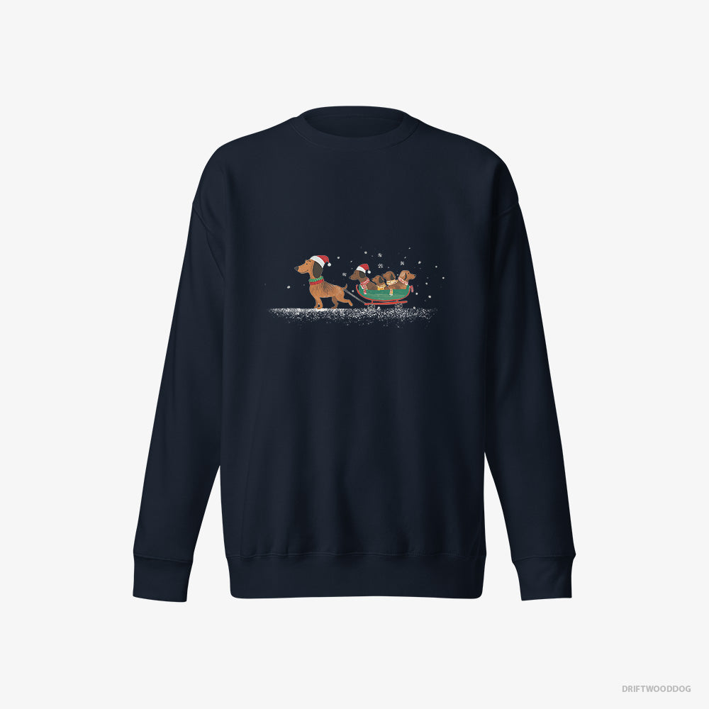 Dachshund Sweatshirt – Men Navy Sweatshirt Eco-Friendly – on a Sled with Puppies (on White Background)