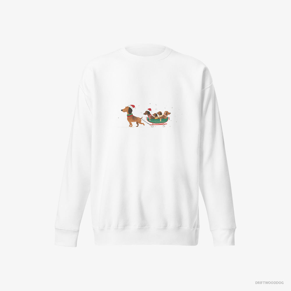 Dachshund Sweatshirt – Men White Sweatshirt Eco-Friendly – on a Sled with Puppies (on White Background)