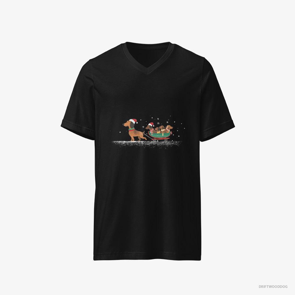 Dachshund T-Shirt – Men Black T-Shirt V-Neck – on a Sled with Puppies (on White Background)