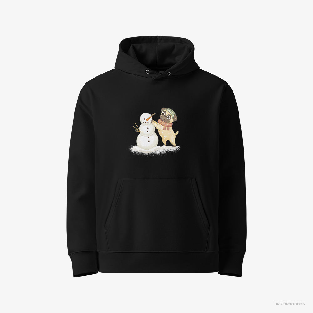 Pug Hoodie – Men Black Hoodie Eco-Friendly – Putting Together a Snowman (on White Background)