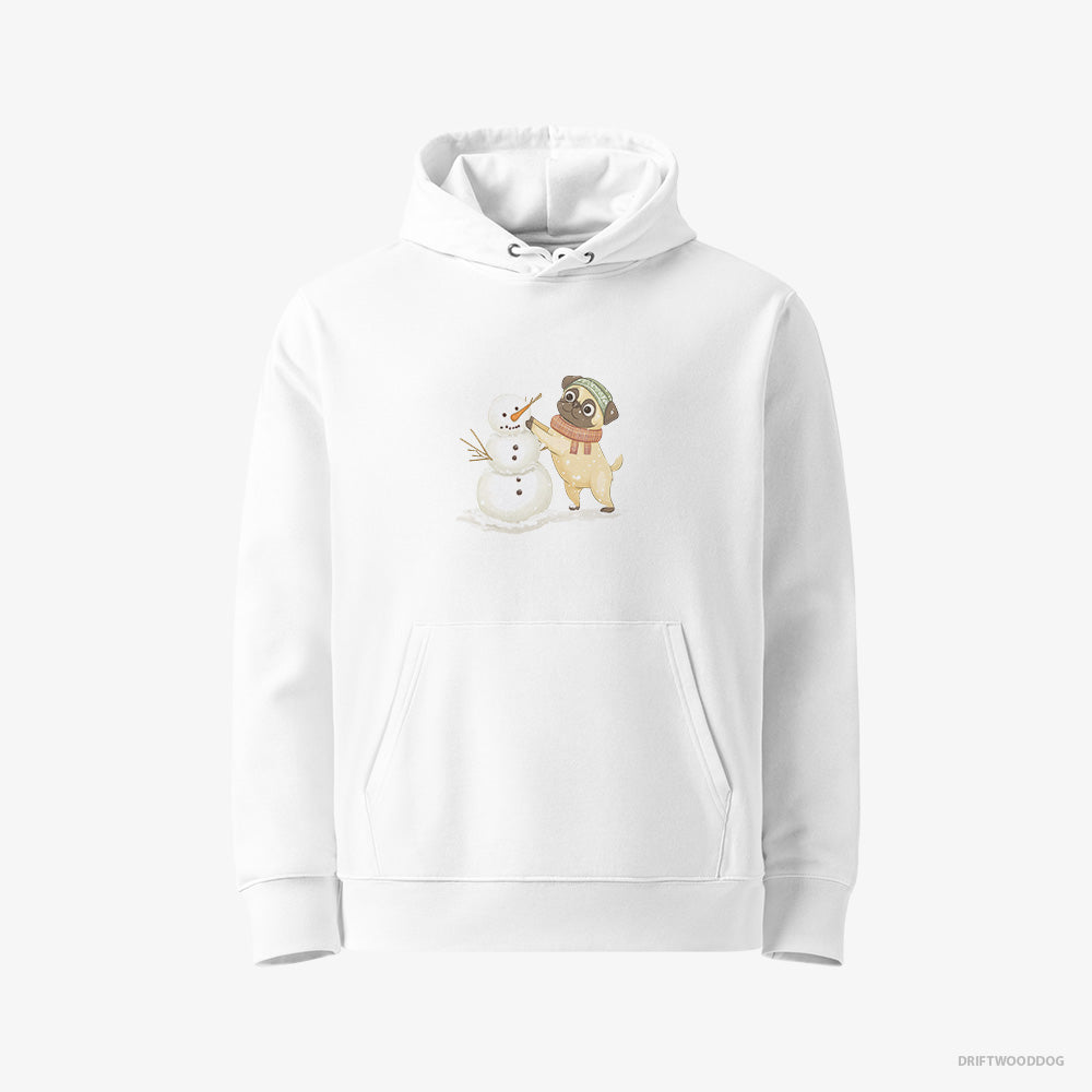 Pug Hoodie – Women White Hoodie Eco-Friendly – Putting Together a Snowman (on White Background)