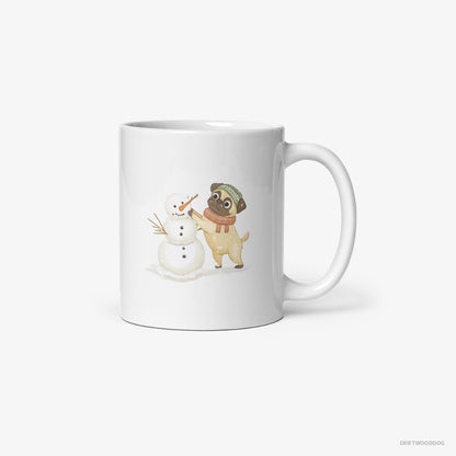 Pug Putting Together a Snowman White Mug