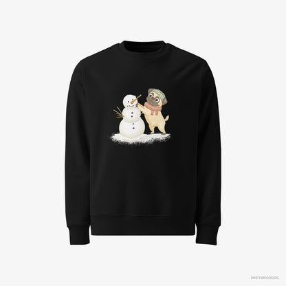 Pug Sweatshirt – Men Black Sweatshirt Classic – Putting Together a Snowman (on White Background)