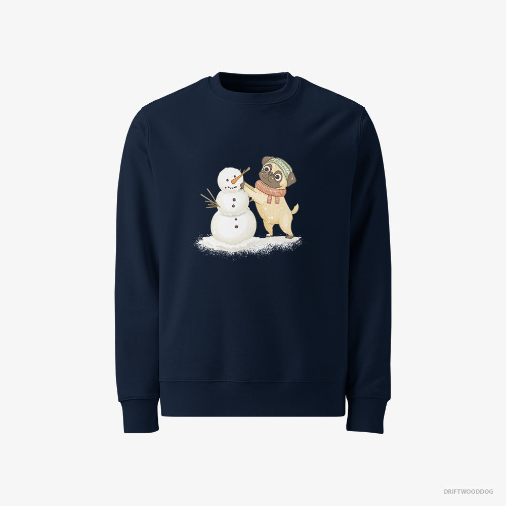 Pug Sweatshirt – Men Navy Sweatshirt Classic – Putting Together a Snowman (on White Background)