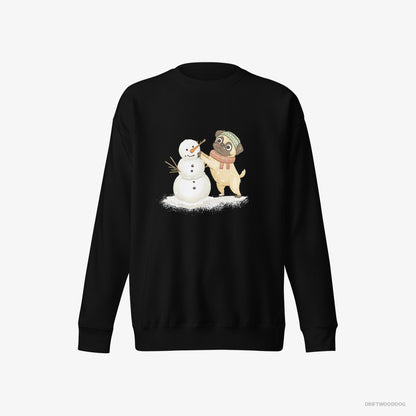 Pug Sweatshirt – Men Black Sweatshirt Eco-Friendly – Putting Together a Snowman (on White Background)