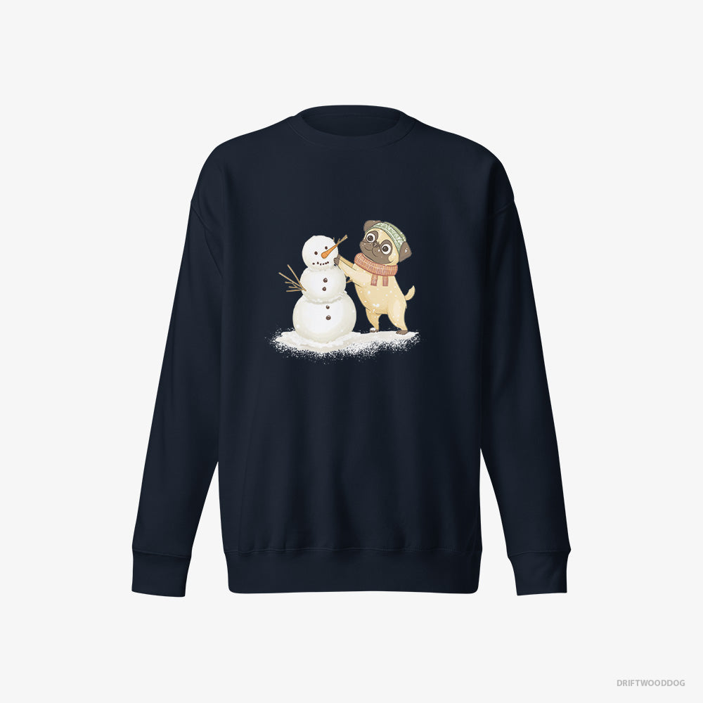 Pug Sweatshirt – Men Navy Sweatshirt Eco-Friendly – Putting Together a Snowman (on White Background)