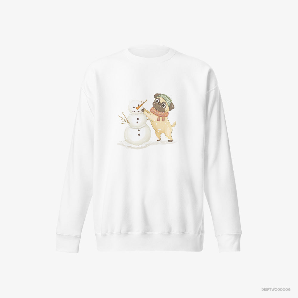 Pug Sweatshirt – Men White Sweatshirt Eco-Friendly – Putting Together a Snowman (on White Background)