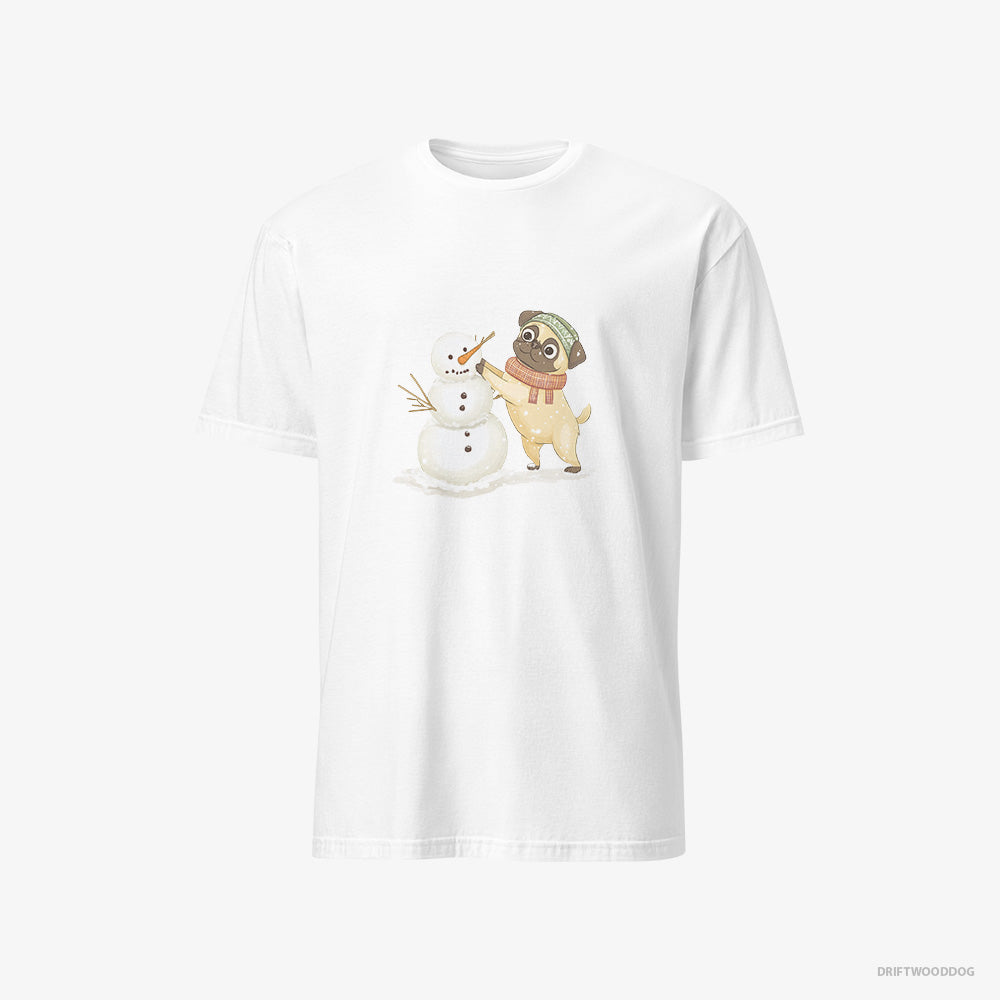 Pug T-Shirt – Men White T-Shirt Classic – Putting Together a Snowman (on White Background)